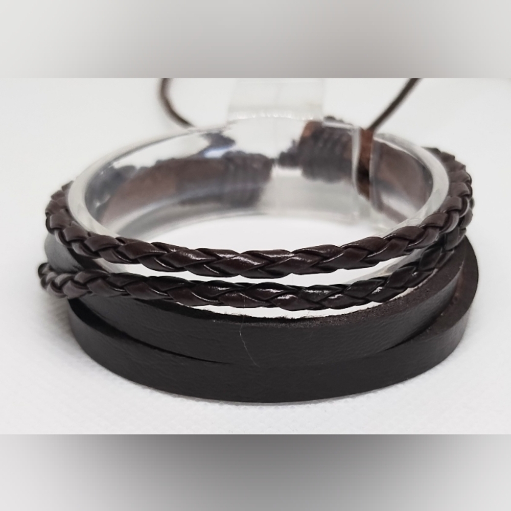 Men's Bracelet Leather Braided Brown Layered New f20
